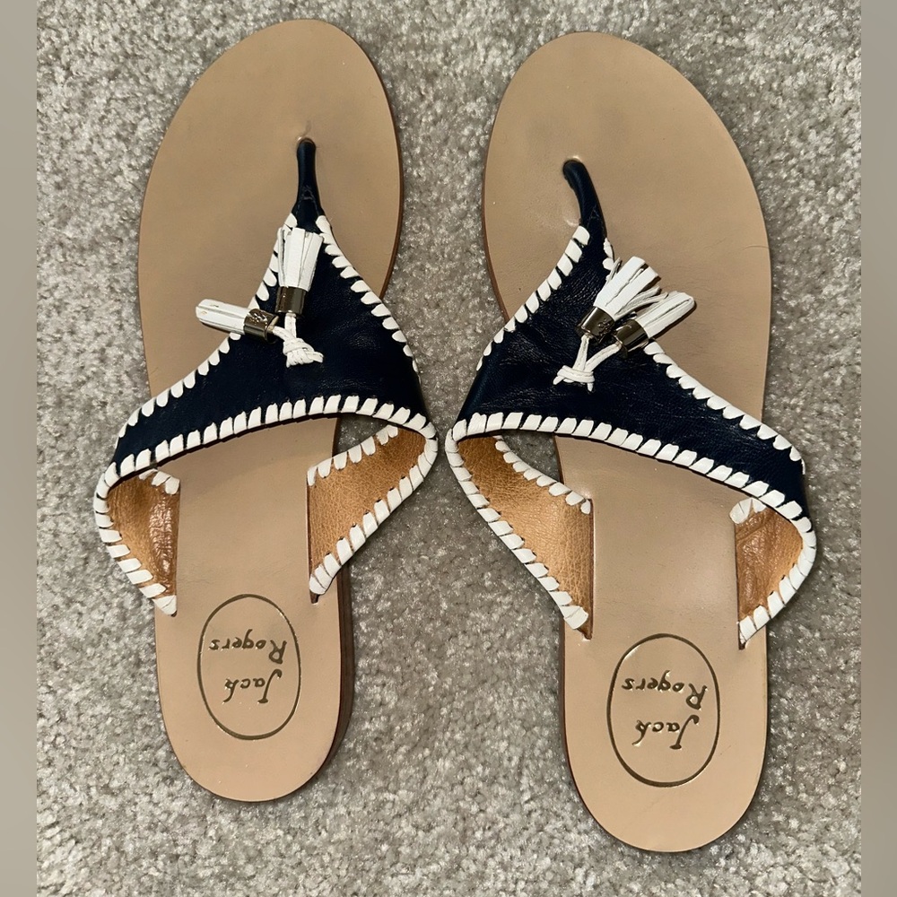 Jack Rogers Navy and White Tassel Thong Sandals